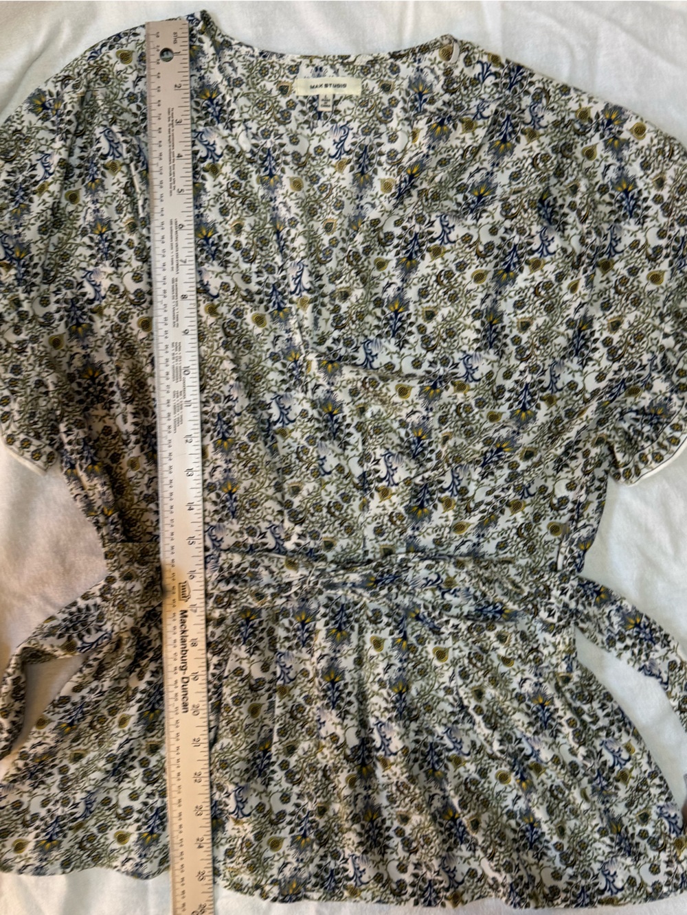 Max Studio Floral Tie-Waist One-Piece in Blue and Olive - Picture 3 of 5